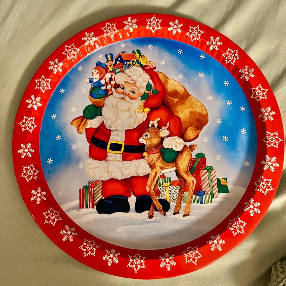 Vintage Y2K Santa Claus‎ & Reindeer Tin Tray Red Snowflake Christmas Decor 12.5"